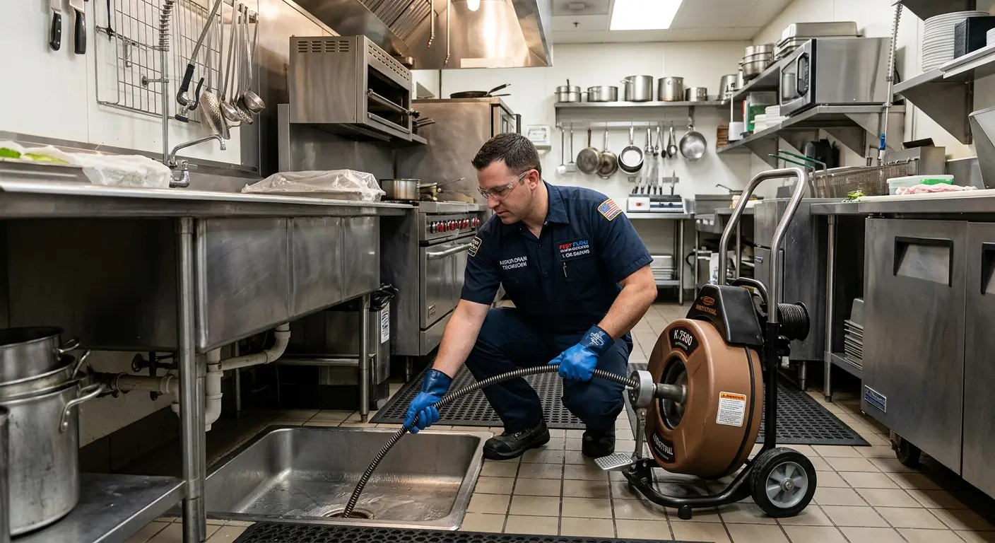Commercial drain cleaning service in a restaurant kitchen in McKees Rocks