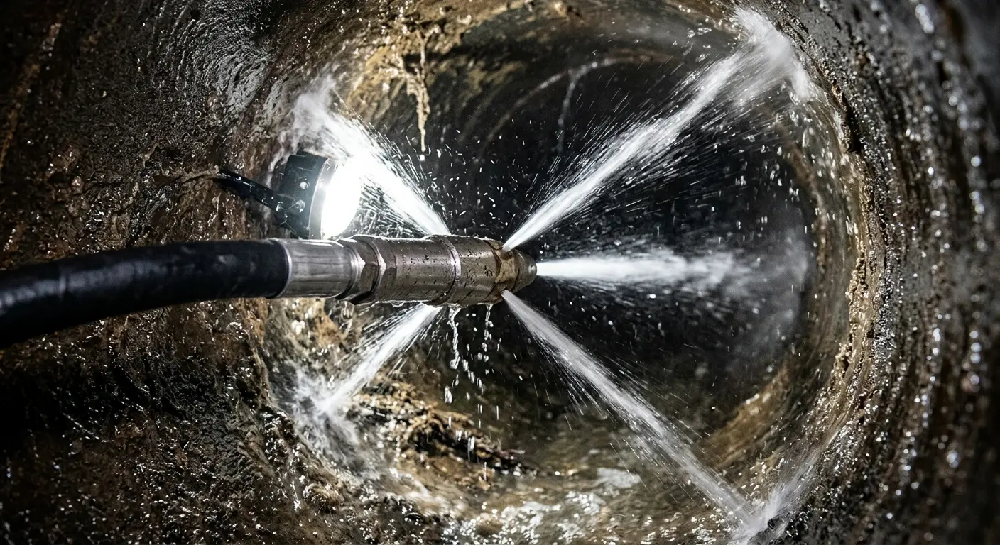 High-pressure hydro jetting nozzle cleaning sewer pipe for Emergency Drain Service in McKees Rocks