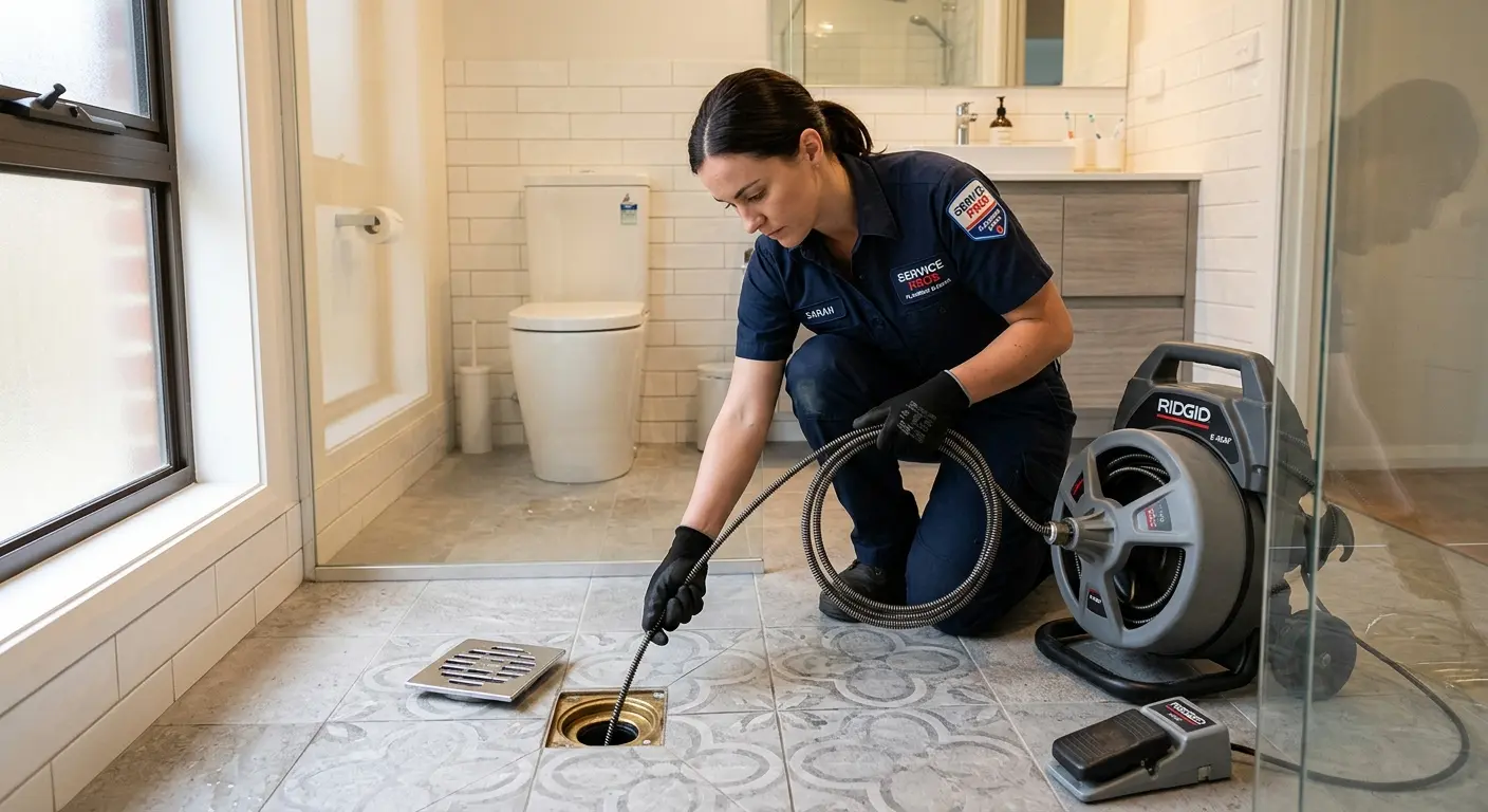 Technician clearing a bathroom floor drain for Drain Cleaning in McKees Rocks